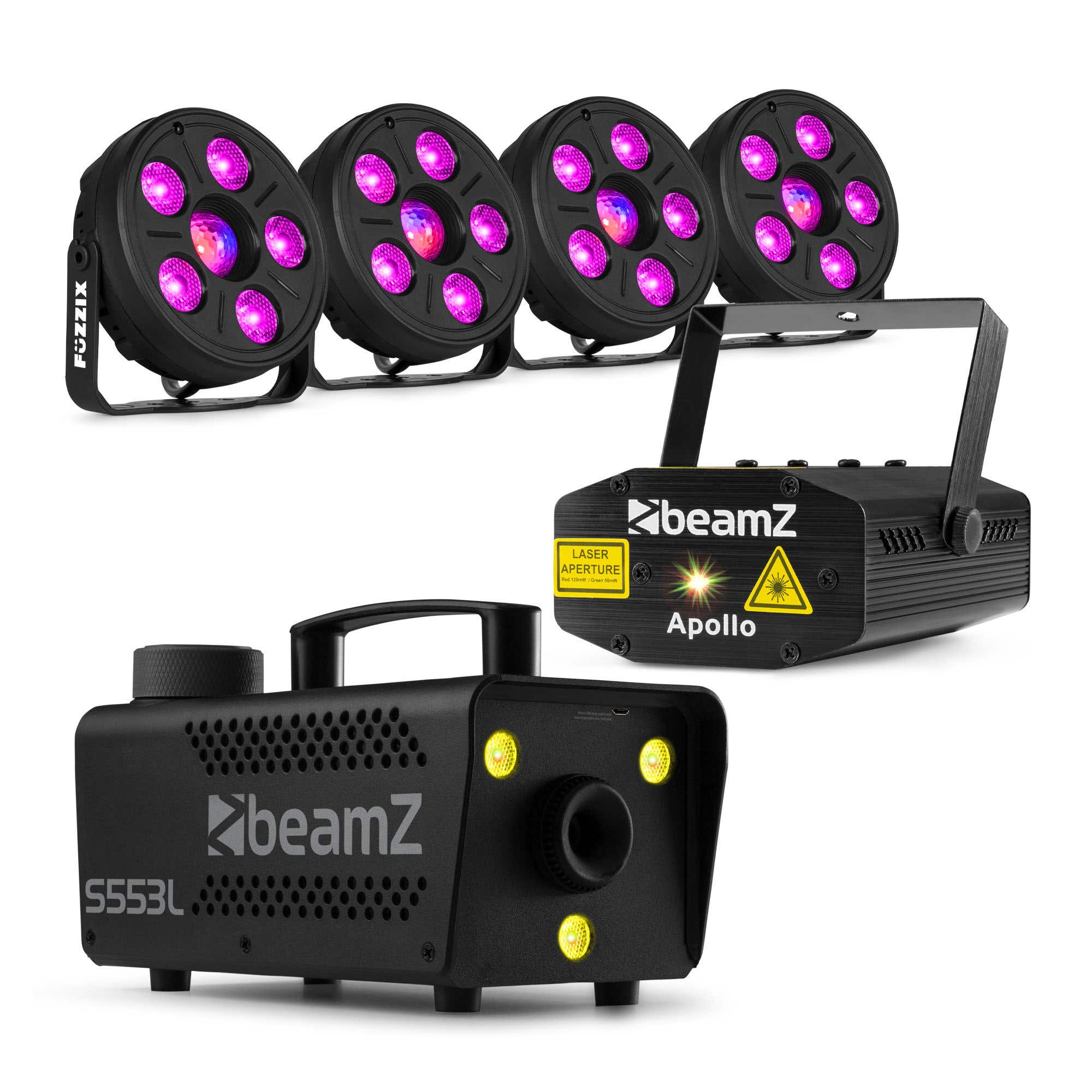 Fuzzix Comet M06 + BeamZ S553L + BeamZ Apollo – Pack de iluminación con focos LED RGB Jellyball, máquina de humo 550W y efecto multipunto rojo/verde para interior, color negro