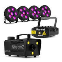 Fuzzix Comet M06 + BeamZ S553L + BeamZ Apollo – Pack de iluminación con focos LED RGB Jellyball, máquina de humo 550W y efecto multipunto rojo/verde para interior, color negro