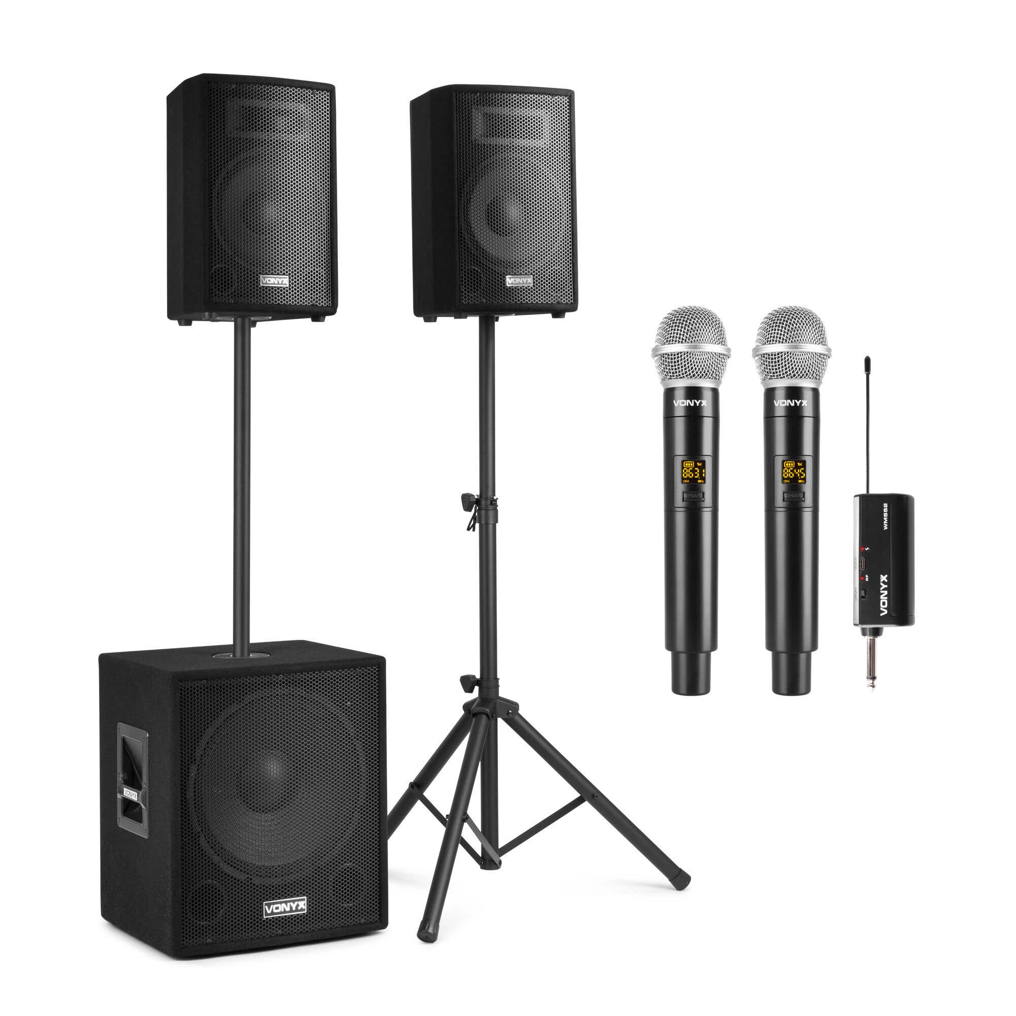 Vonyx VX1015BT – Pack sistema 2.1 activo 1000W con Bluetooth + 2 micrófonos inalámbricos UHF WM552 con 1 receptor, subwoofer 15”, USB/SD y soportes, Color negro