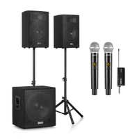 Vonyx VX1218BT – Pack sistema 2.1 activo 1200W con Bluetooth 5.3, subwoofer 18” + 2 micrófonos inalámbricos UHF WM552 con 1 receptor, USB/SD y soportes, color negro