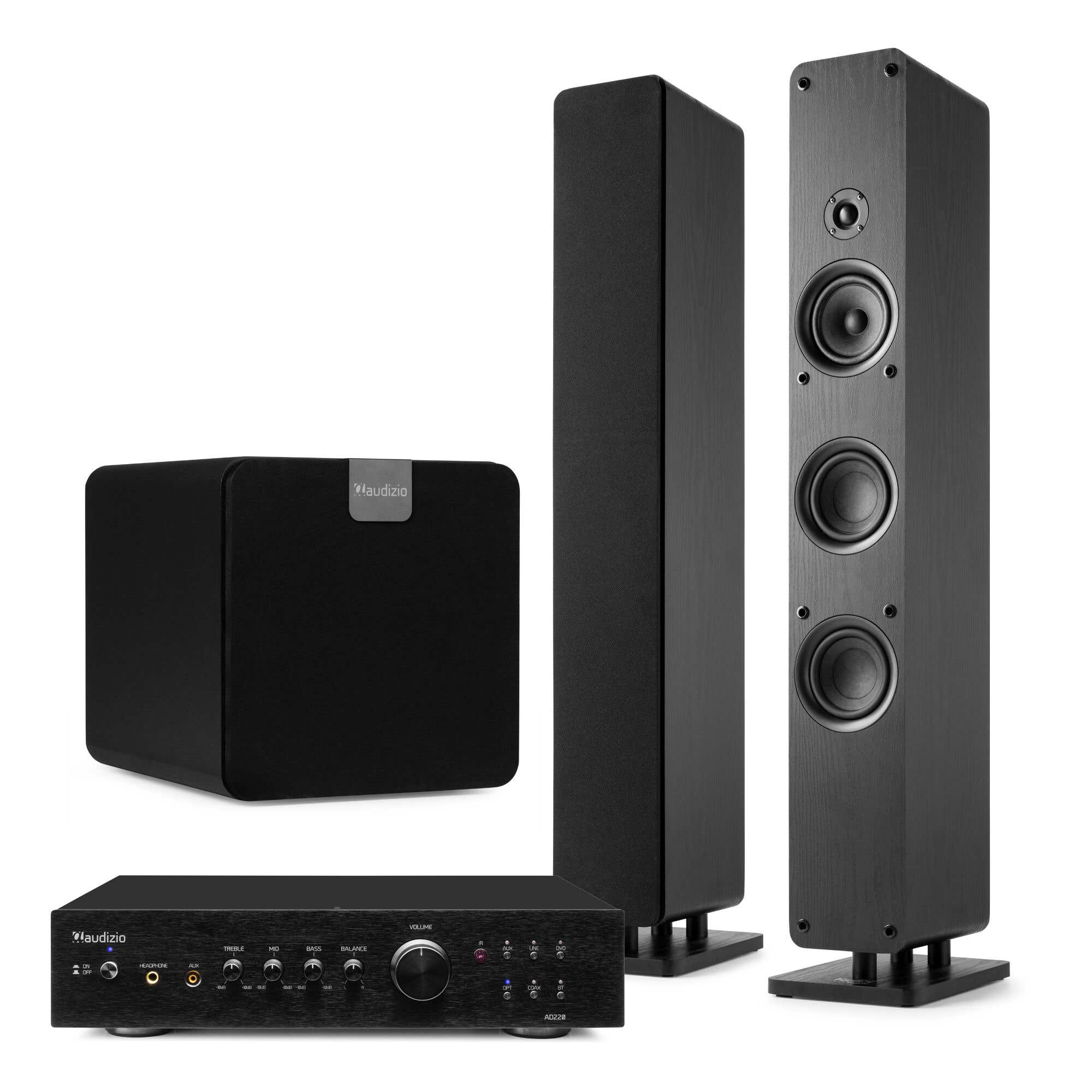 Audizio ARCO – Pack 2 altavoces de torre pasivos con amplificador, subwoofer y cables RCA, 480W, color negro