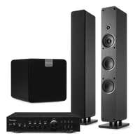 Audizio ARCO – Pack 2 altavoces de torre pasivos con amplificador, subwoofer y cables RCA, 480W, color negro