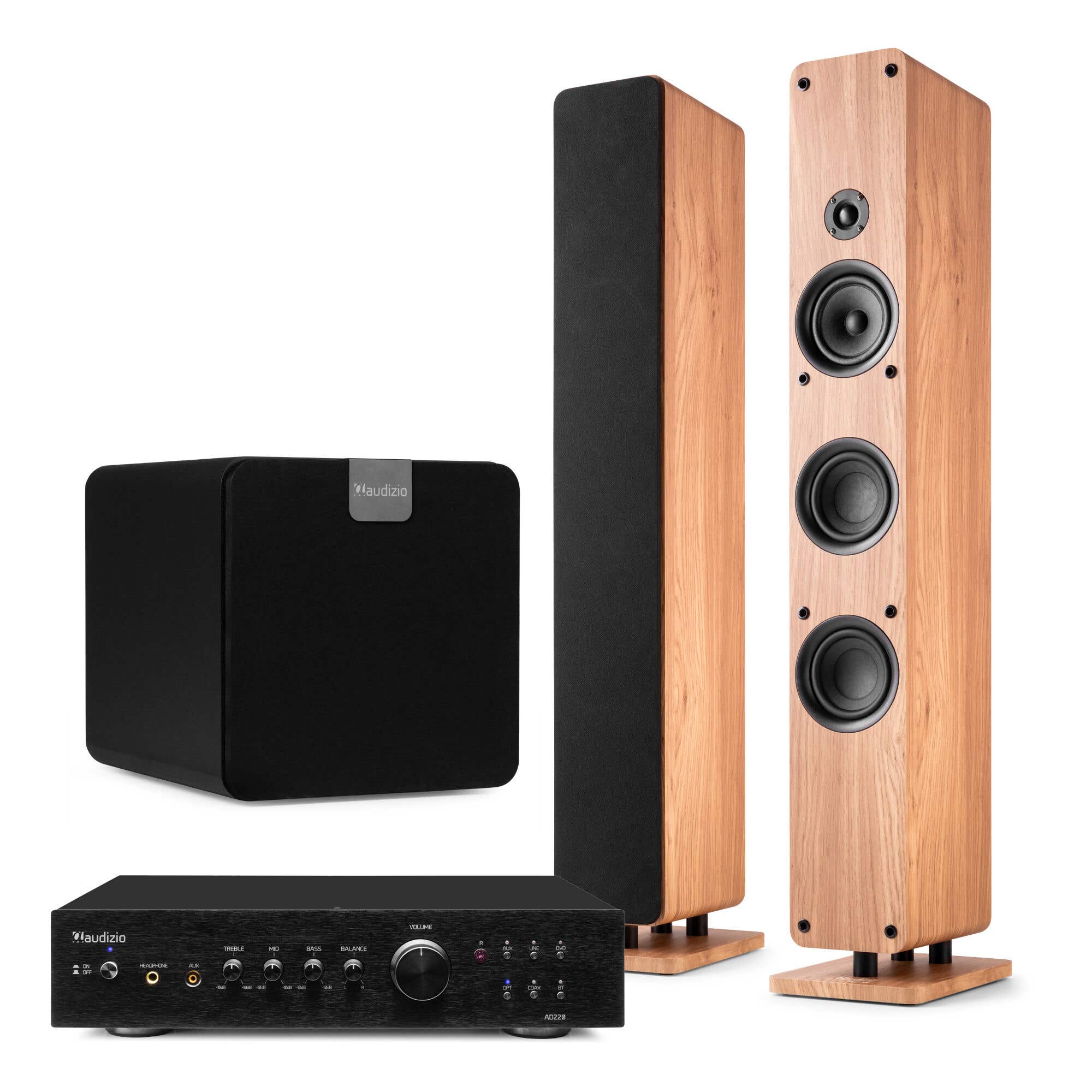 Audizio ARCO – Pack 2 altavoces de torre pasivos con amplificador, subwoofer y cables RCA, 480W, color madera clara