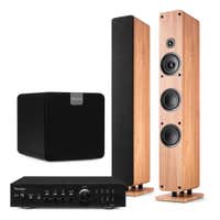 Audizio ARCO – Pack 2 altavoces de torre pasivos con amplificador, subwoofer y cables RCA, 480W, color madera clara