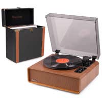 Audizio Laredo – Pack tocadiscos HiFi de vinilo con Bluetooth in/out, altavoces integrados y cápsula Audio Technica + maleta para vinilos Audizio RC37 – Acabado en madera