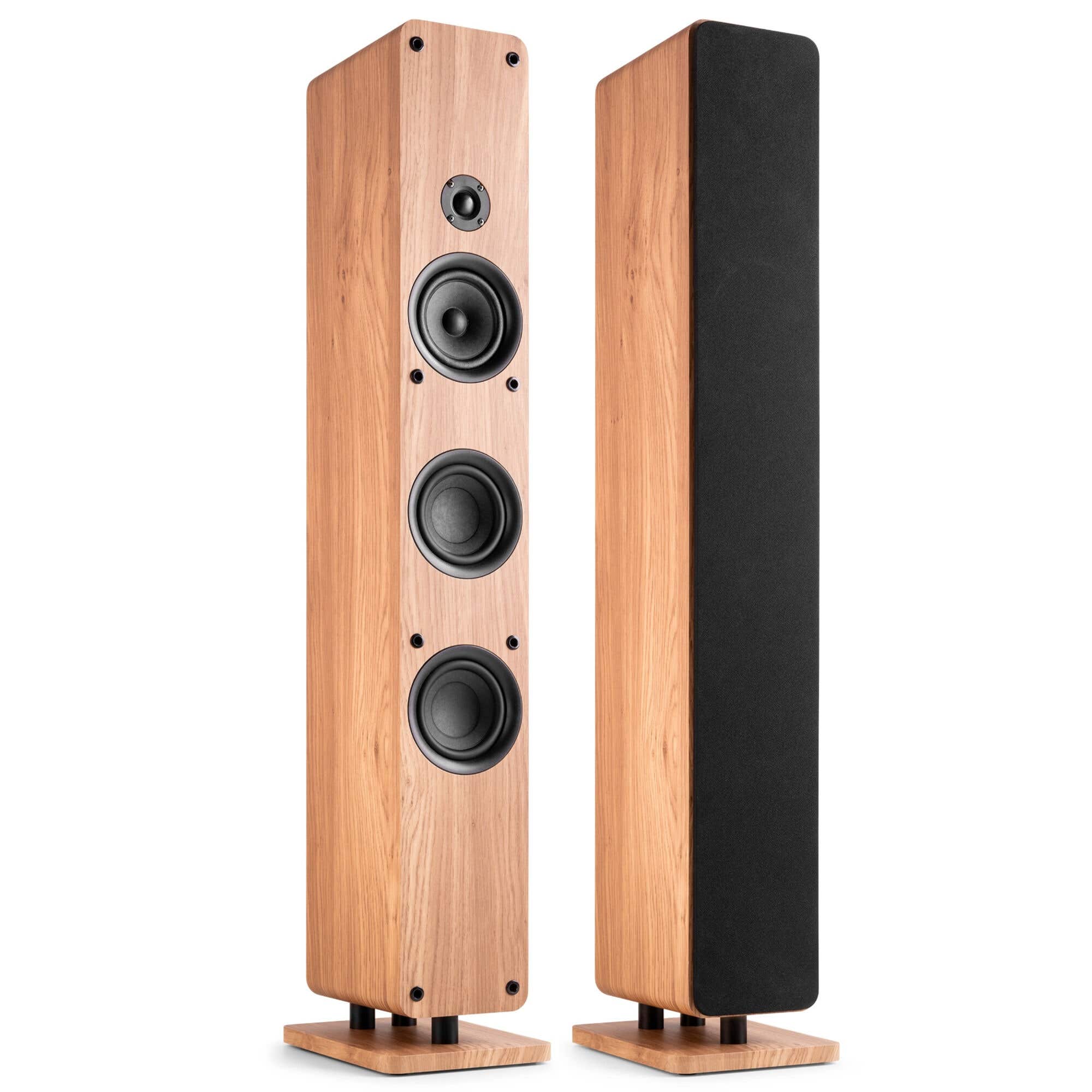 Audizio ARCO – Pack altavoz de torre activo + pasivo con radio DAB+ y FM, Bluetooth 5.2, USB, entrada óptica y cable 10m, color madera clara