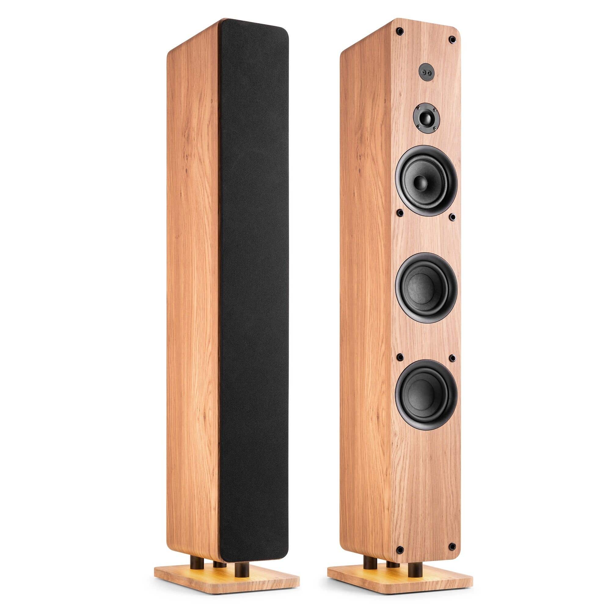 Audizio ARCO – Pack de 2 altavoces de torre activos con radio DAB+, radio digital y radio FM, Bluetooth 5.2, USB y entrada óptica 320W, color madera clara