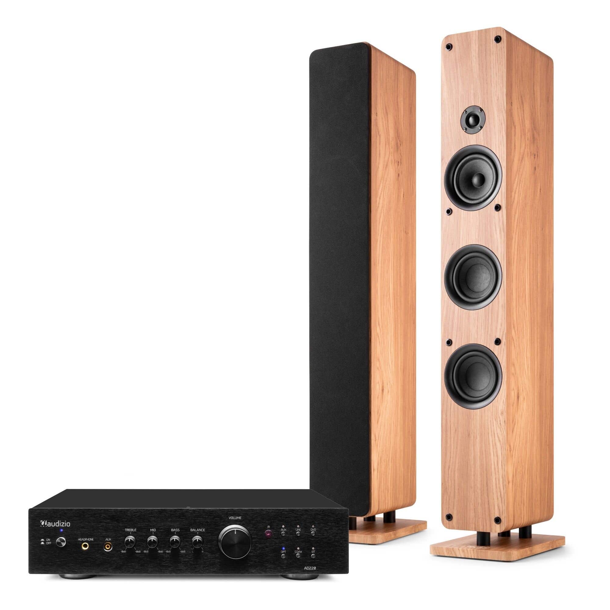 Audizio ARCO – Pack 2 altavoces de torre pasivos 320W con amplificador AD220B, Bluetooth 5.0, entrada óptica y cable 10m, color madera clara