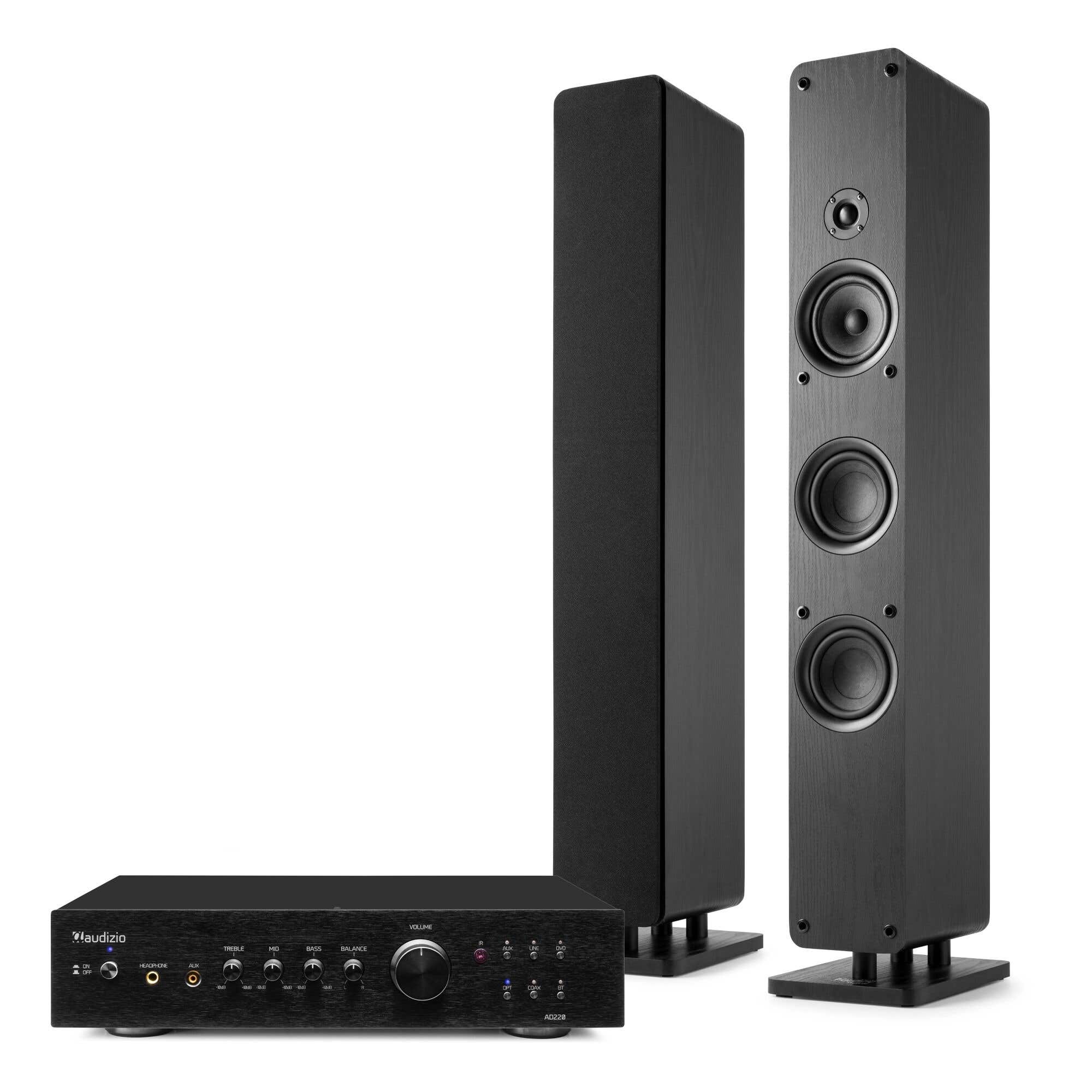 Audizio ARCO – Pack 2 altavoces de torre pasivos 320W con amplificador AD220B, Bluetooth, entrada óptica y cable 10m Color negro