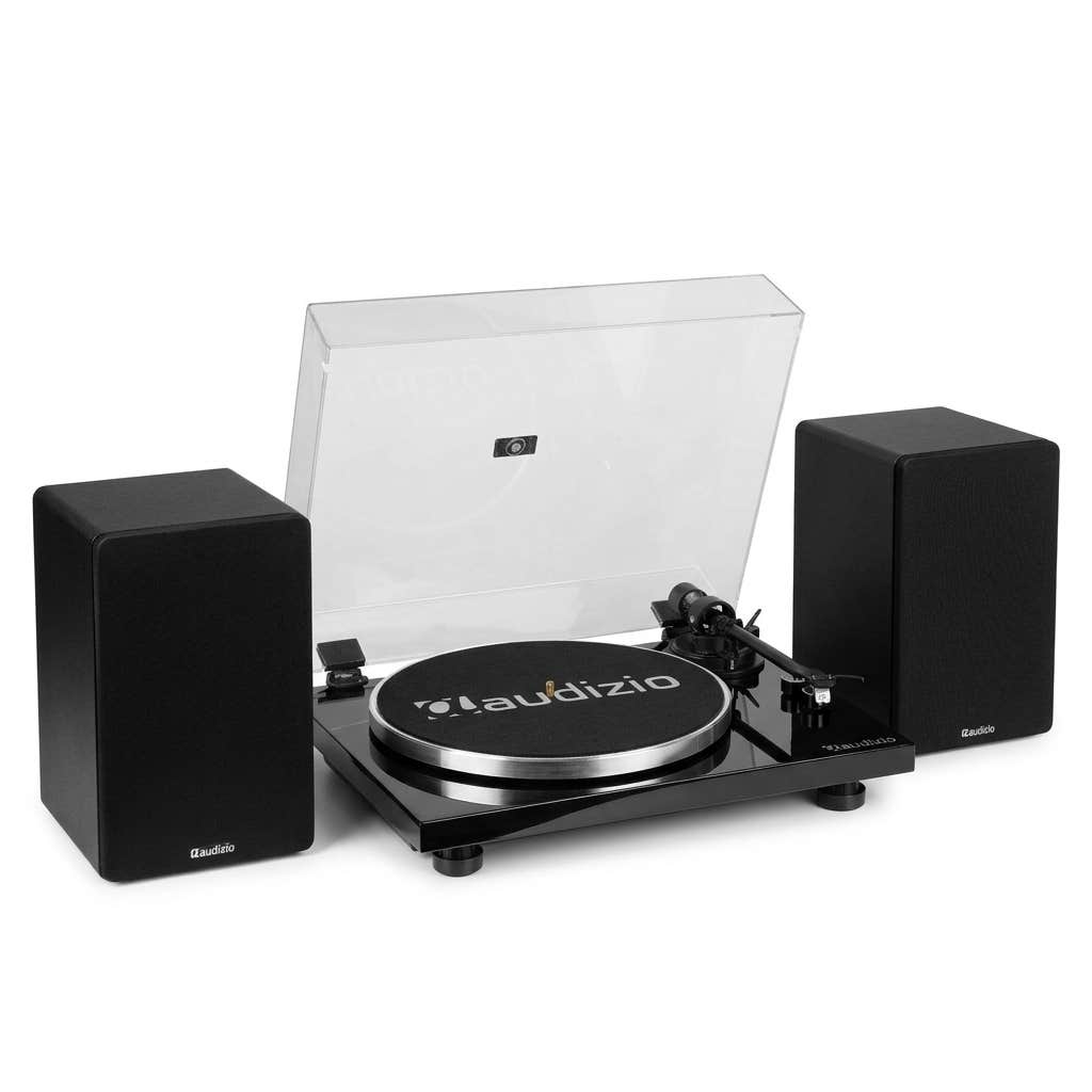 AudizioAudizio Toledo + KS01 – Pack de tocadiscos de vinilo con altavoces HiFi  80W, Bluetooth y cable RCA, cápsula Audio Technica, reproducción 33/45 rpm, color negro