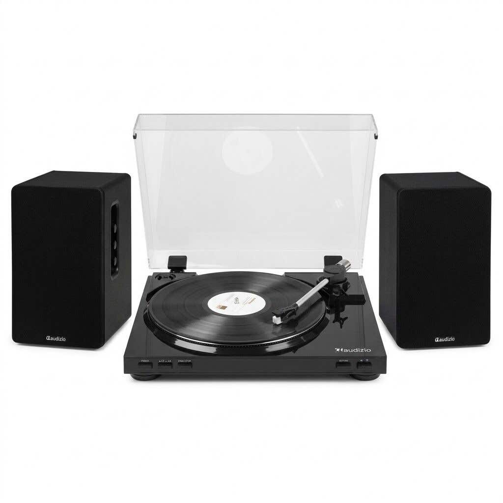 Audizio RP310 + KS01 – Pack de tocadiscos de vinilo con altavoces HiFi 80W, Bluetooth, cable RCA incluido, reproducción 33/45 rpm, color negro