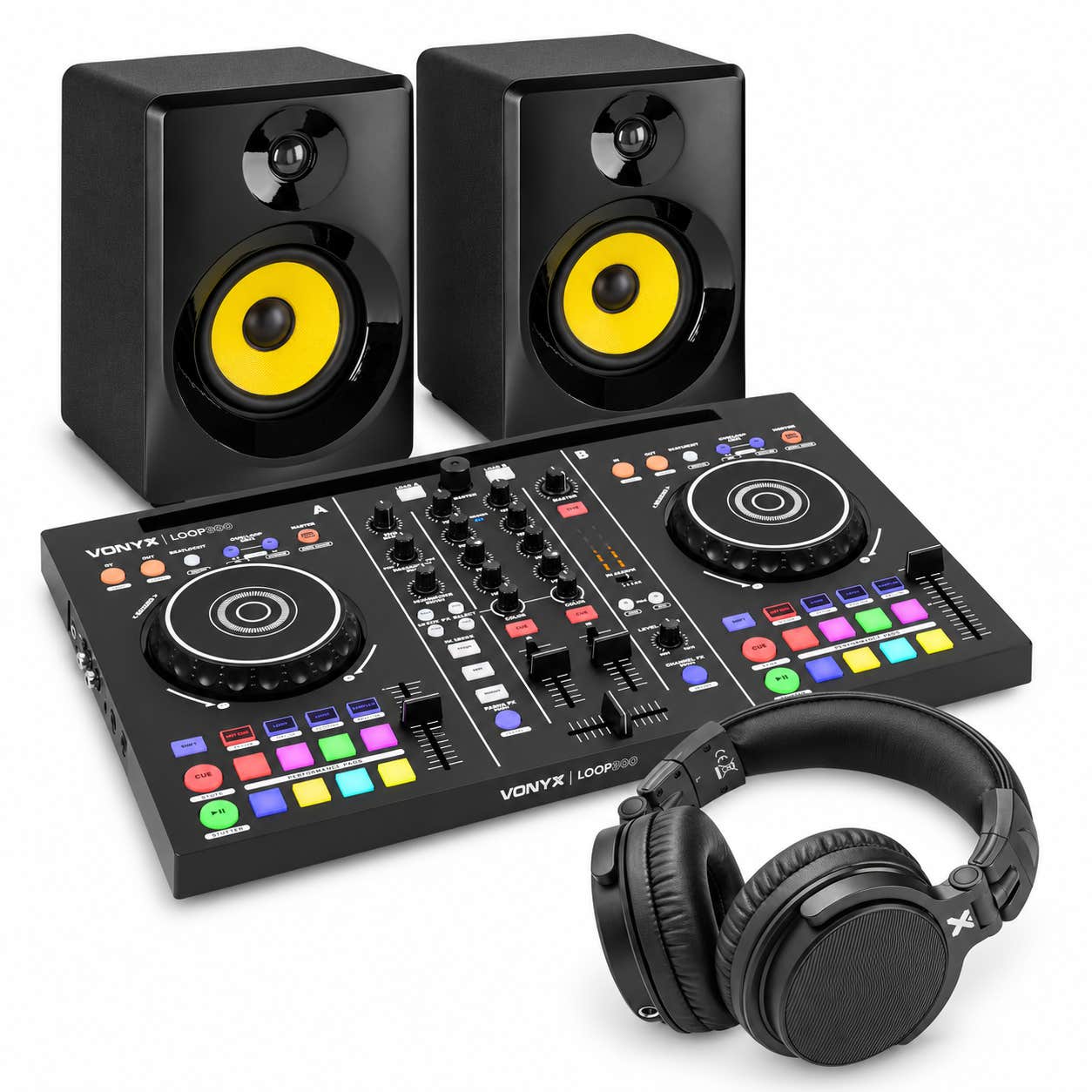 Vonyx Loop300 - Pack DJ con controladora con micro, monitores de estudio 140W, auriculares y cable RCA