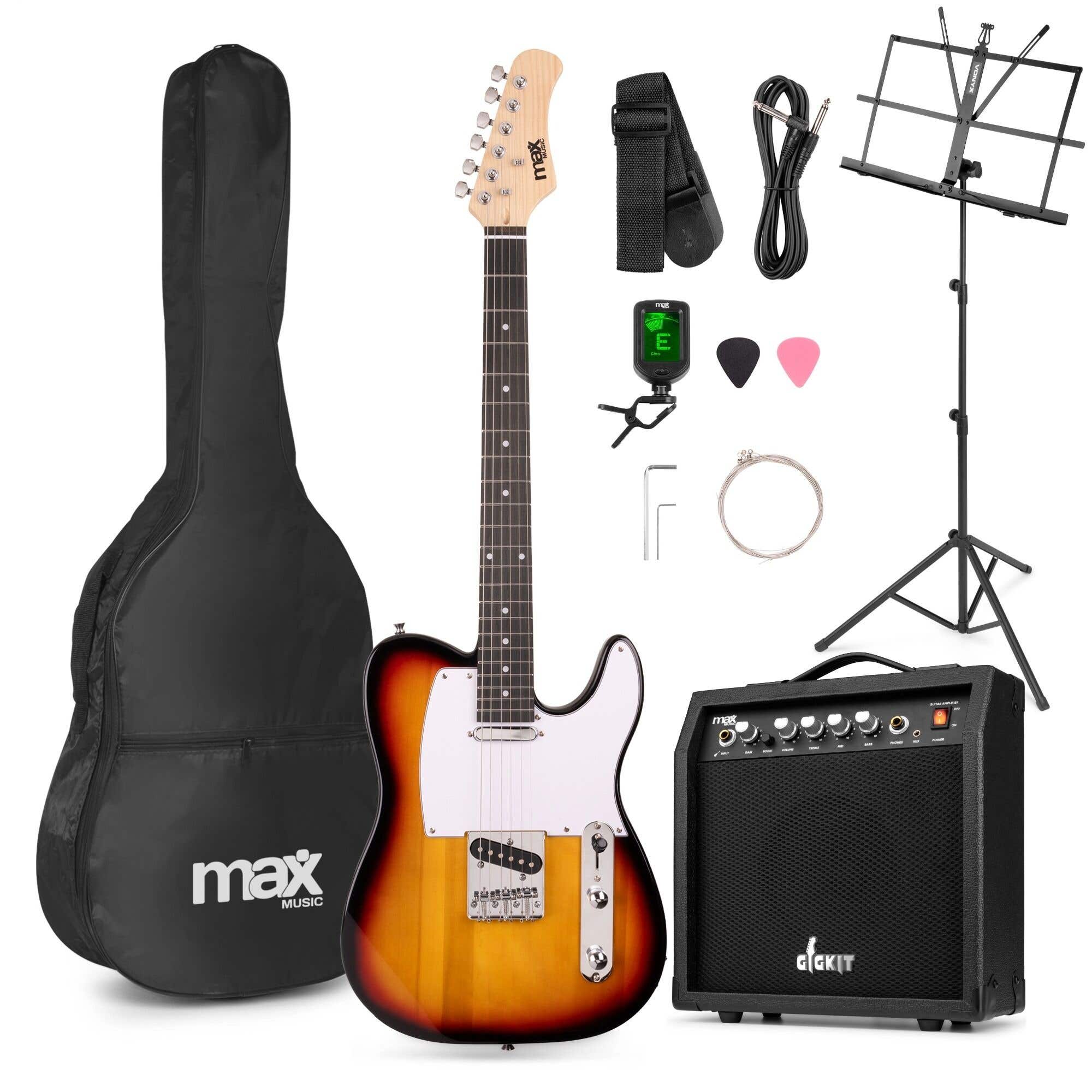 MAX GigKit serie T - Guitarra eléctrica, mástil de arce, amplificador 40 W y atril, color sunburst