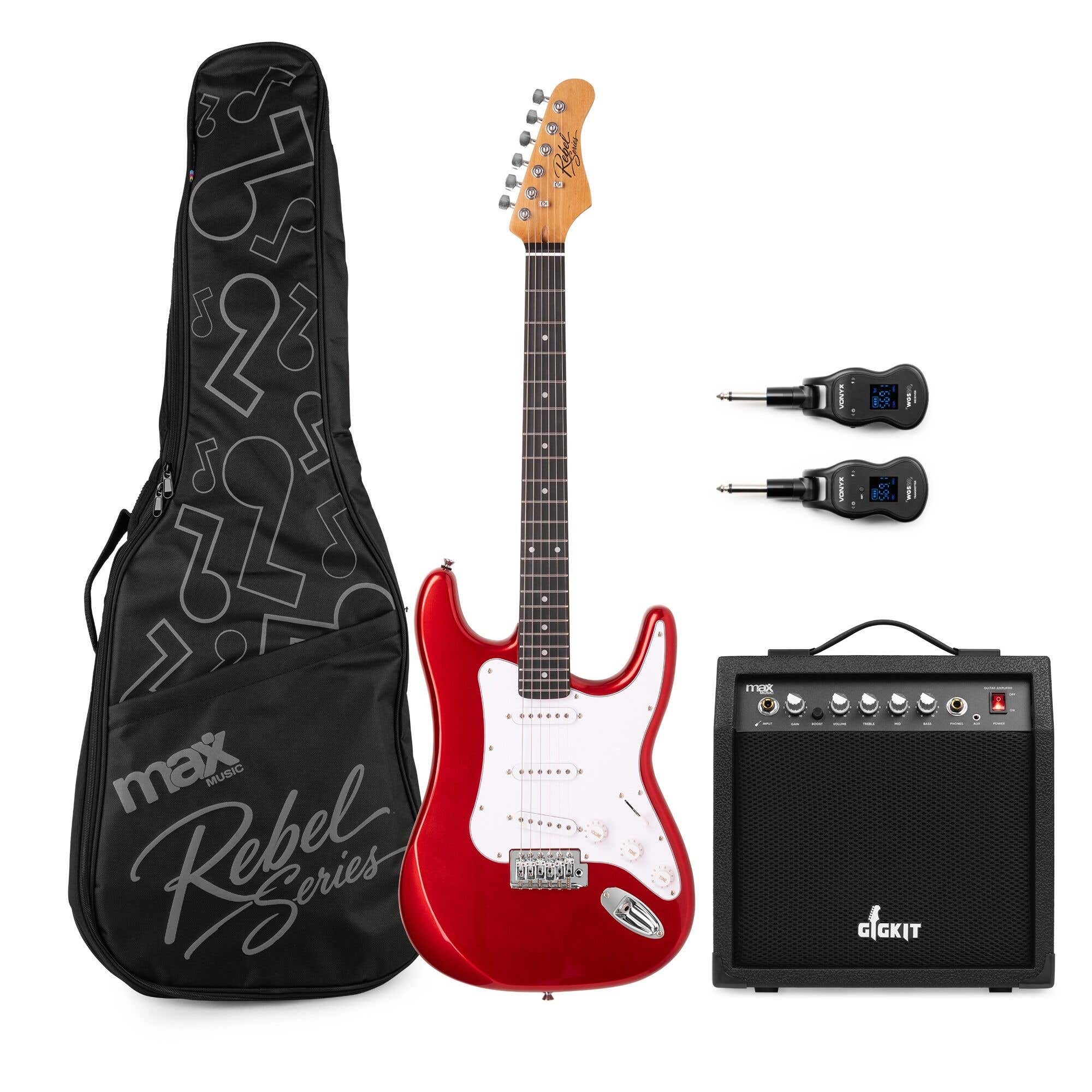 MAX Rebel ST - Guitarra eléctrica ST, amplificador 40 W, sistema inalámbrico y funda, color rojo metalizado