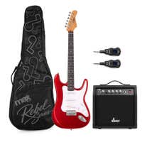 MAX Rebel ST - Guitarra eléctrica ST, amplificador 40 W, sistema inalámbrico y funda, color rojo metalizado