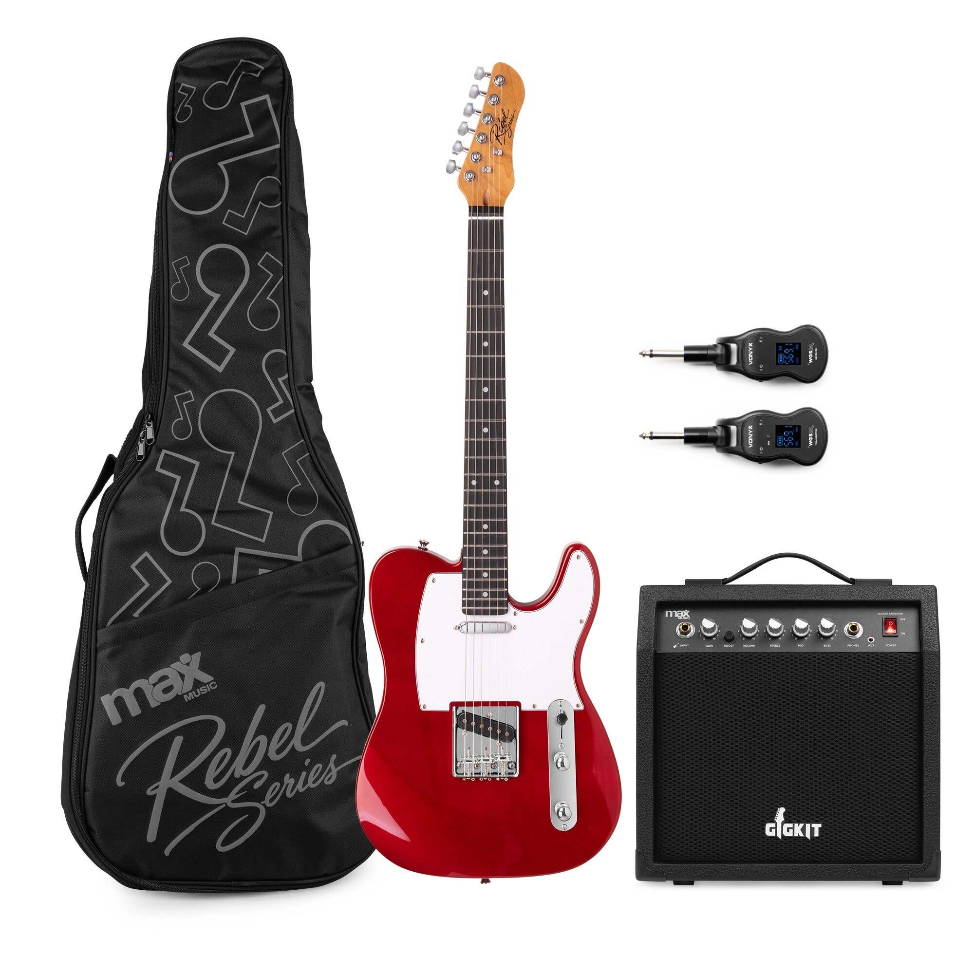 MAX Rebel TE - Guitarra eléctrica, amplificador 40 W, sistema inalámbrico y funda, color rojo metalizado