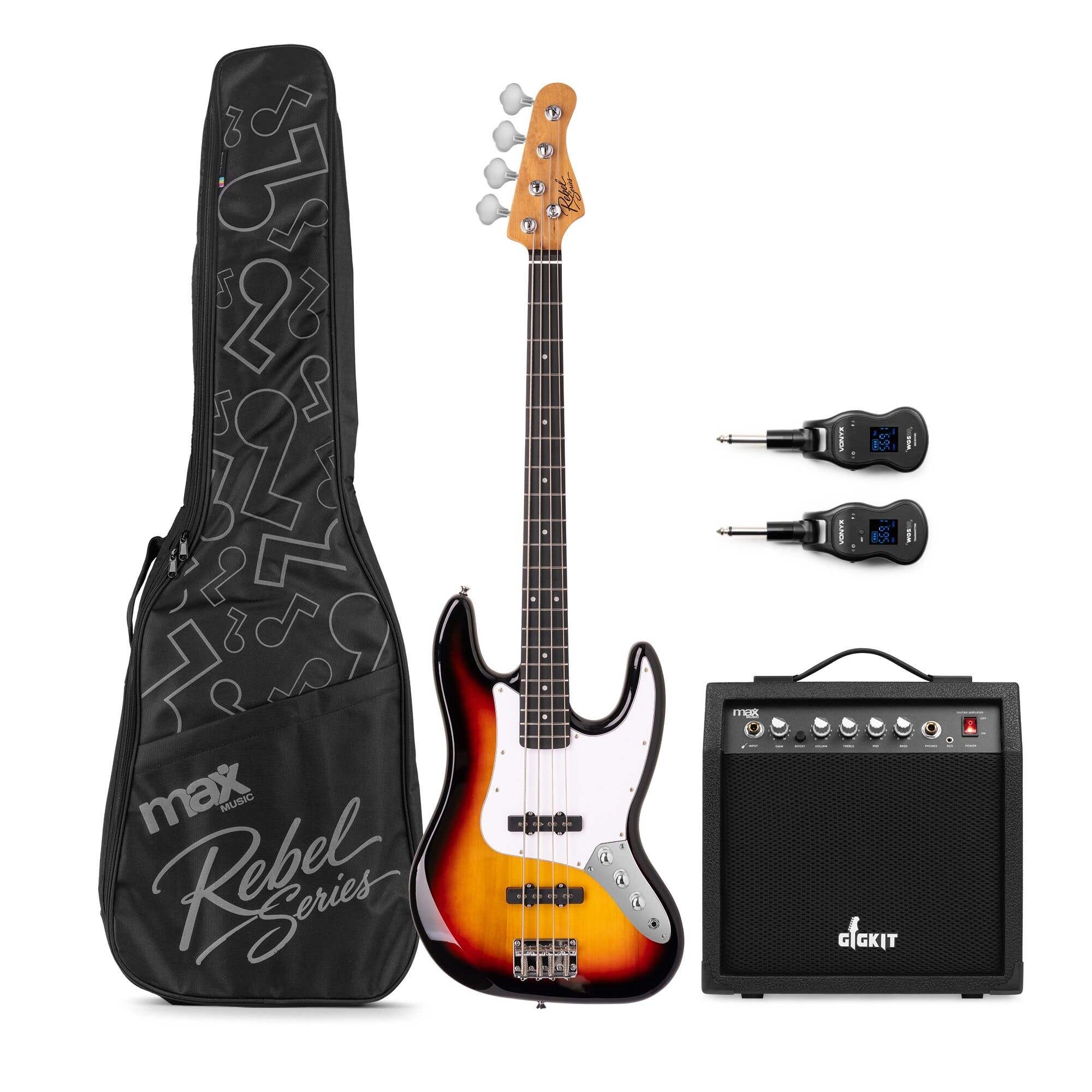 MAX Rebel JB - Bajo eléctrico JB, amplificador 40 W, sistema inalámbrico y funda, color sunburst