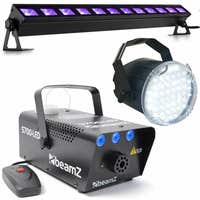 BeamZ Pack completo de efectos de Halloween con máquina de humo efecto hielo, estroboscópico LED y barra LED de luz negra