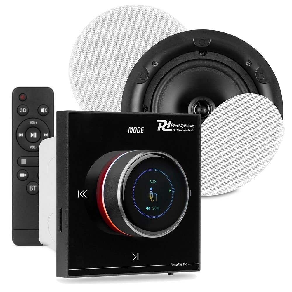 Power Dynamics Powerline B50BSet – Amplificador empotrable negro con Bluetooth, USB, microSD y 2 altavoces de techo blancos