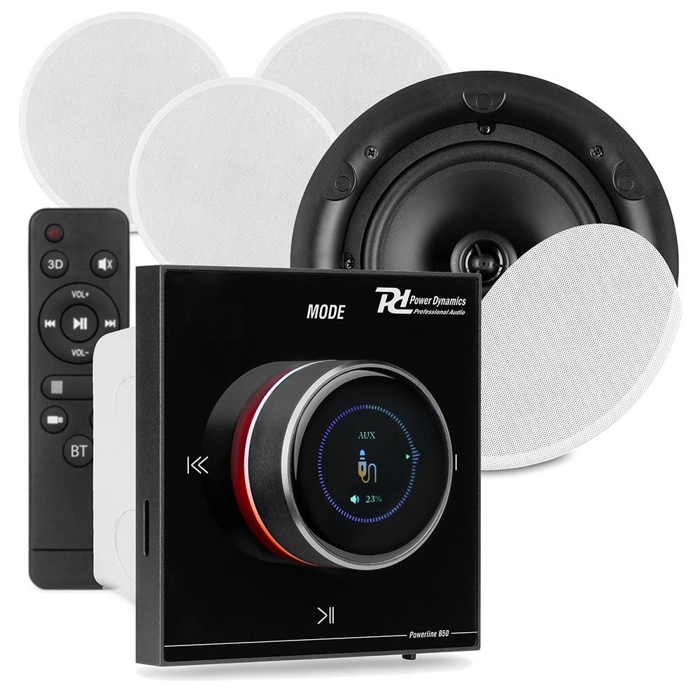 Power Dynamics Powerline B100BSet – Amplificador empotrable negro con Bluetooth y 4 altavoces de techo blancos 6.5”