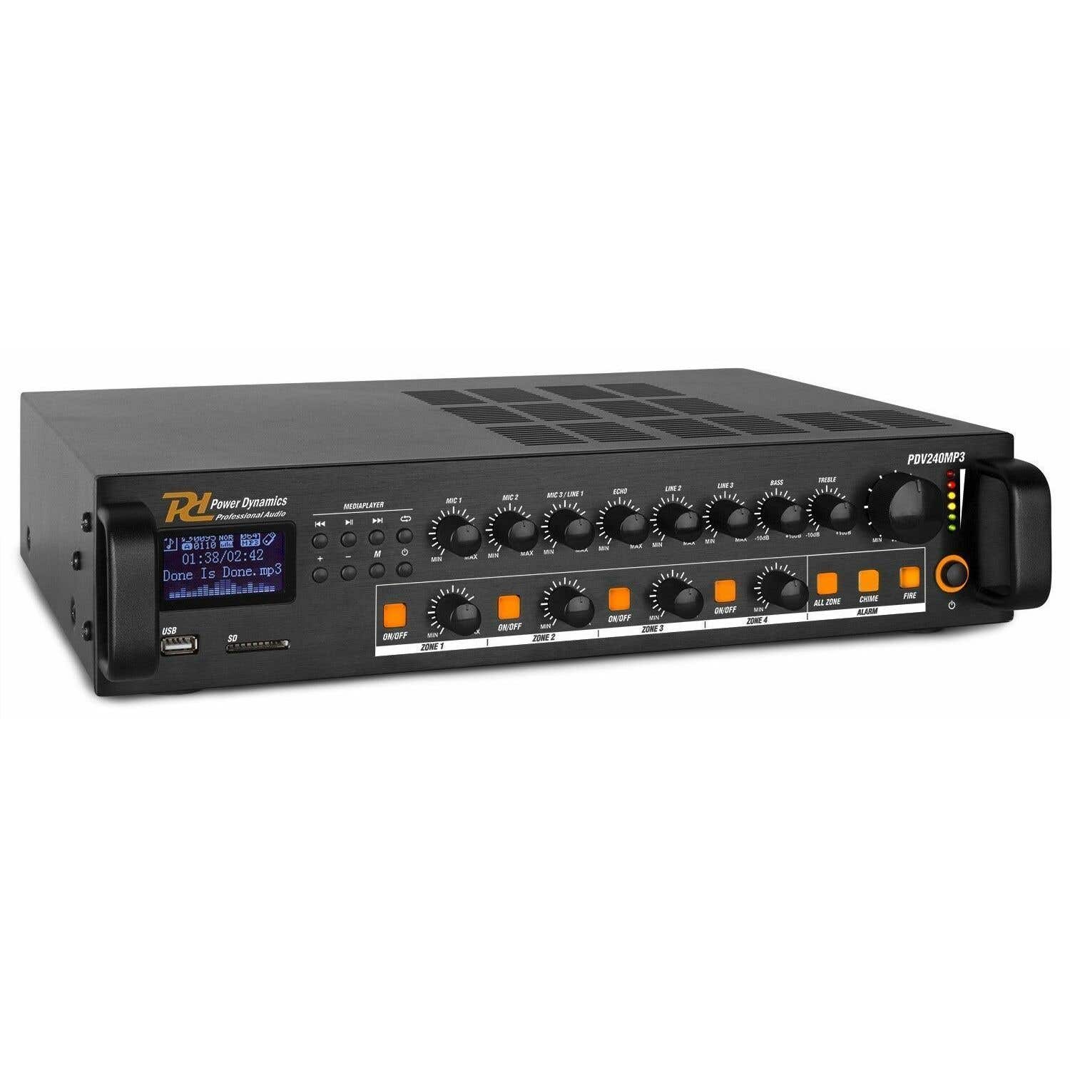 Power Dynamics PDV240MP3 Amplificador de 4 zonas 100V con Bluetooth incluido