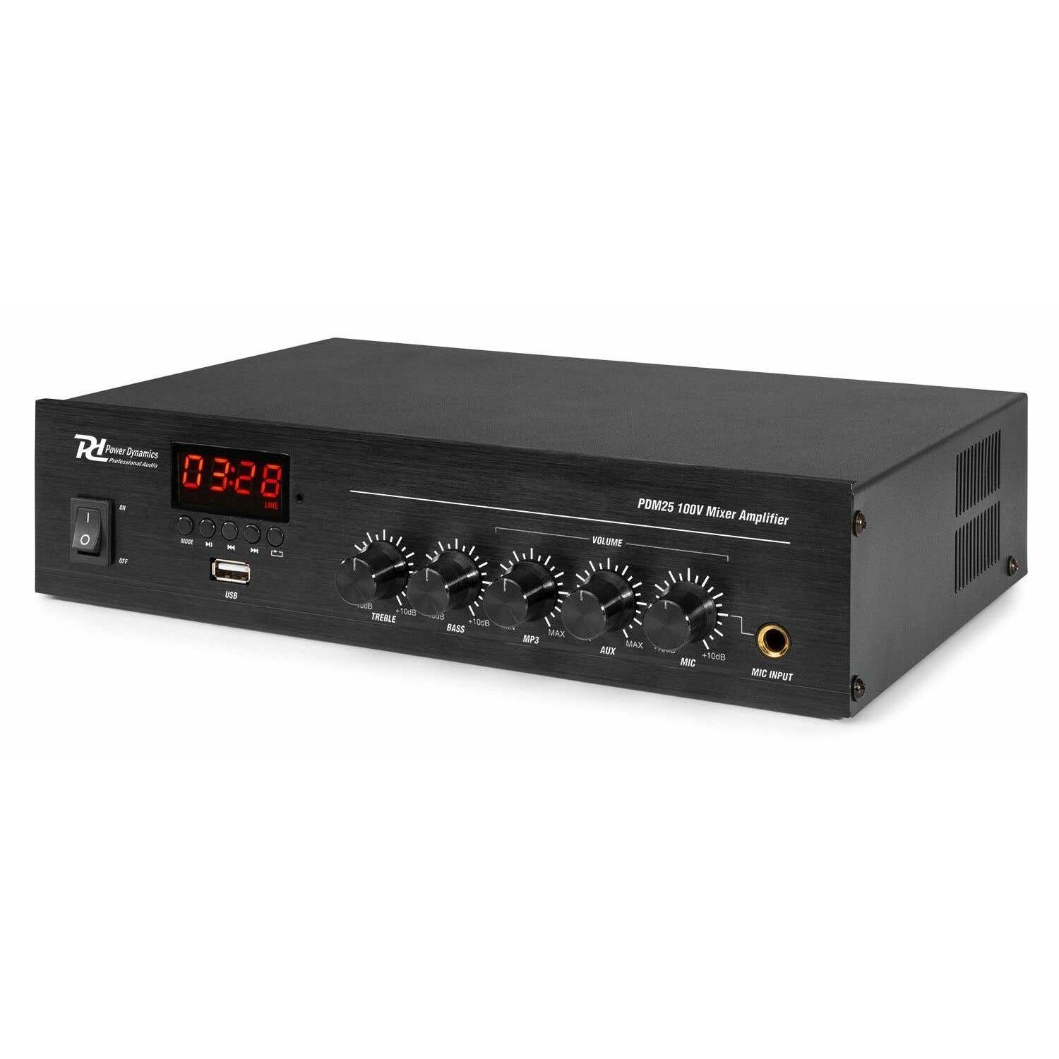 Power Dynamics PDM25 Amplificador 100V con Bluetooth y reproductor multimedia 25W