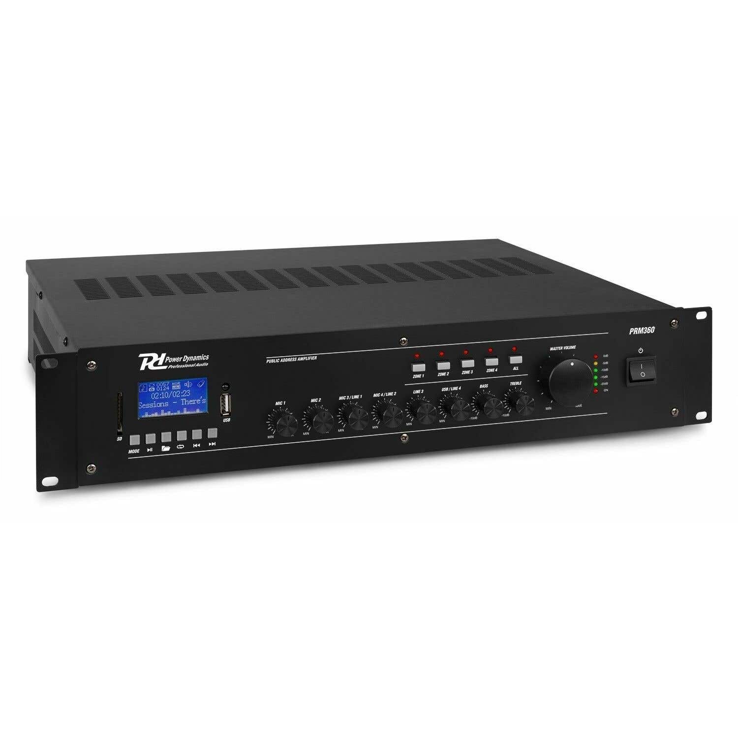 Power Dynamics PRM360 Mezclador amplificador 100V 6 canales 4-Zonas 360W