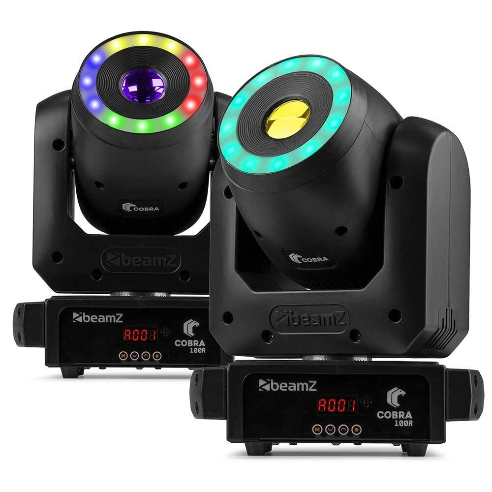 BeamZ Cobra 100R – Pack de 2 cabezas móviles Spot 100W con LED Ring RGB, gobos, prisma y DMX para DJ eventos y clubs