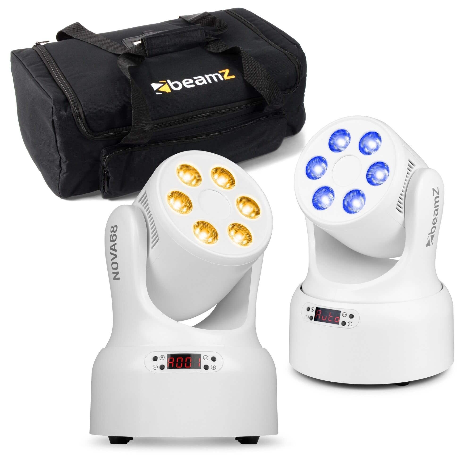 BeamZ NOVA68-WH – Pack de 2 unidades cabeza móvil LED RGBW 6 x 8W con maleta AC-135, foco LED móvil DMX para iluminación discoteca profesional, color blanco