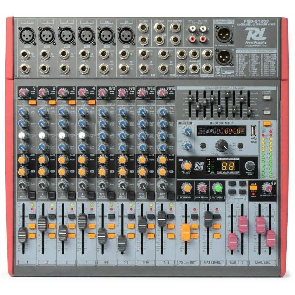 Power Dynamics PDM-S1203 Mezclador Escenario 12 canales DSP/MP3- USB Entrada/Salida