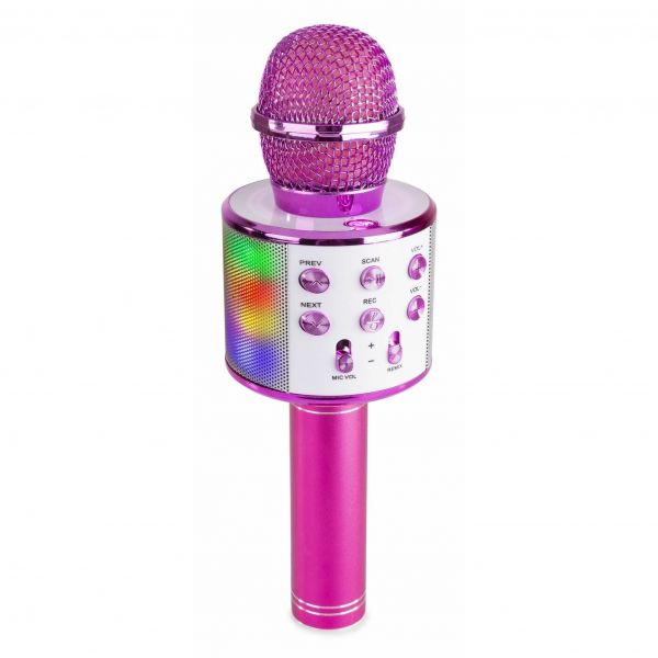 Max KM15P Micrófono de Karaoke con altavoz BT / MP3 incorporado e iluminación LED, Rosa