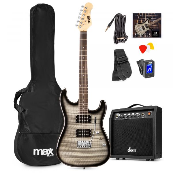 Max GigKit Superstrat Guitarra eléctrica con amplificador de 40W y accesorios - Color Negro/gris