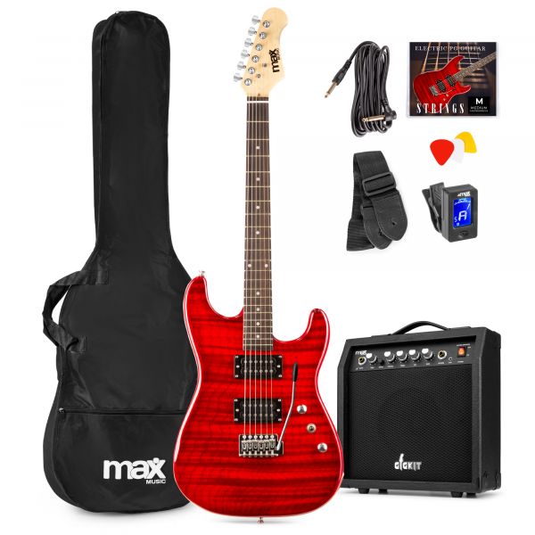 Max GigKit Superstrat Guitarra eléctrica con amplificador de 40W y accesorios - Color rojo oscuro