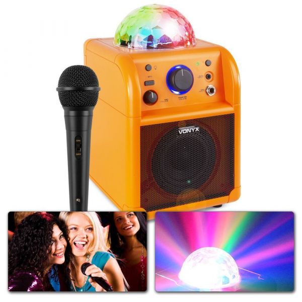 Vonyx SBS50L Altavoz portátil Karaoke para Fiesta con micrófono y Bola de Discoteca - Naranja
