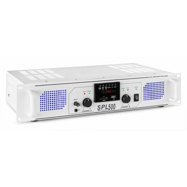 Skytec SPL 500MP3 Amplificador con LEDs azules + EQ Blanco
