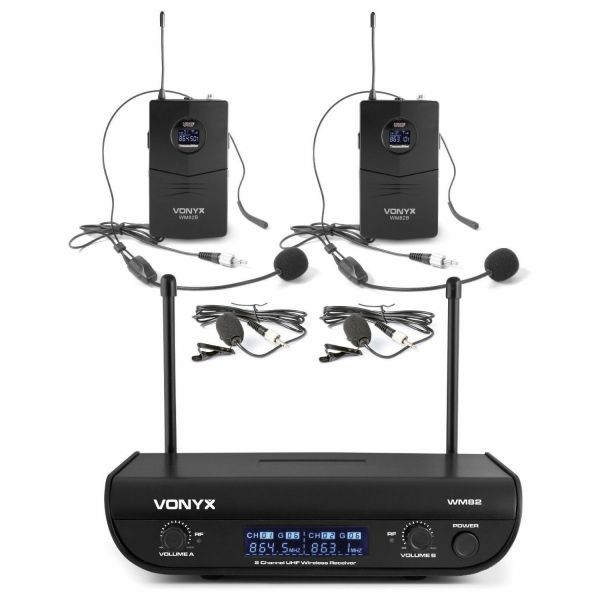 Vonyx WM82B Microfono inalambrico digital UHF 2 canales con 2 micros de cabeza