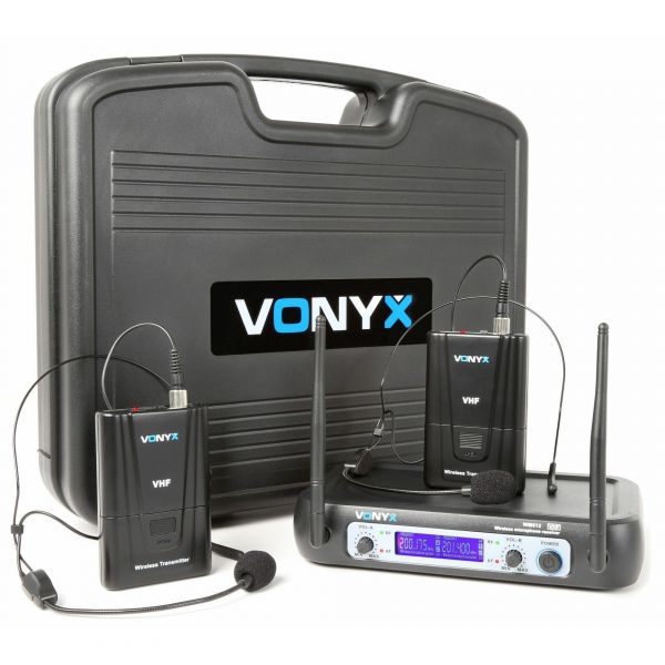 Vonyx WM512H VHF Sistema inalámbrico de 2 canales con dos bodypacks y Display