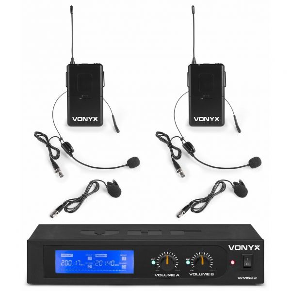Vonyx WM522B Microfono inalambrico VHF 2 canales con 2 micros de cabeza
