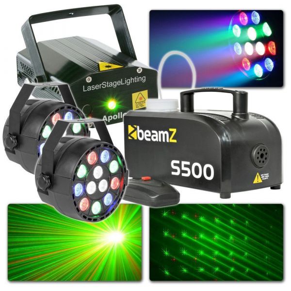 BeamZ Set de Iluminación con láser, 2 focos PAR y Máquina de humo