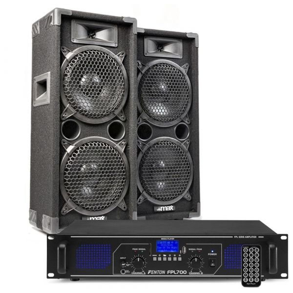 MAX28 Pack de Sonido Disco DJ Combinación 2 Altavoces Max MAX28 + Amplificador Fenton FPL700 Bluetooth 1600W
