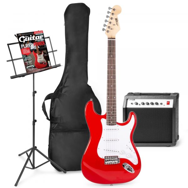 MAX GigKit Pack completo de guitarra eléctrica, amplificador y accesorios, con atril - Rojo