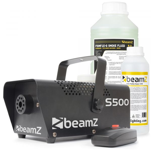 BeamZ S500 Máquina de humo metálica + líquido limpiador y 1 litro de líquido de humo