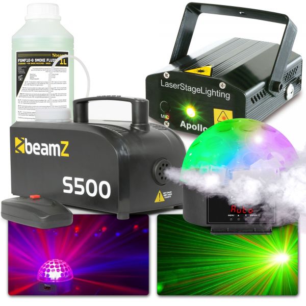 BeamZ Pack de iluminación para fiestas con efecto de luz LED, láser y máquina de humo