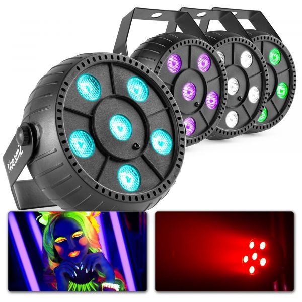 BeamZ PLP Pack de focos de discoteca con batería - 2x focos RGB + 1 estroboscópico + 1 luz negra