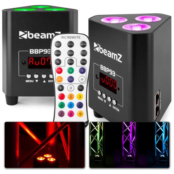 BeamZ BBP93 - Pack de 2 focos Uplights con batería 3 LEDs de 10W RGBW con mando a distancia