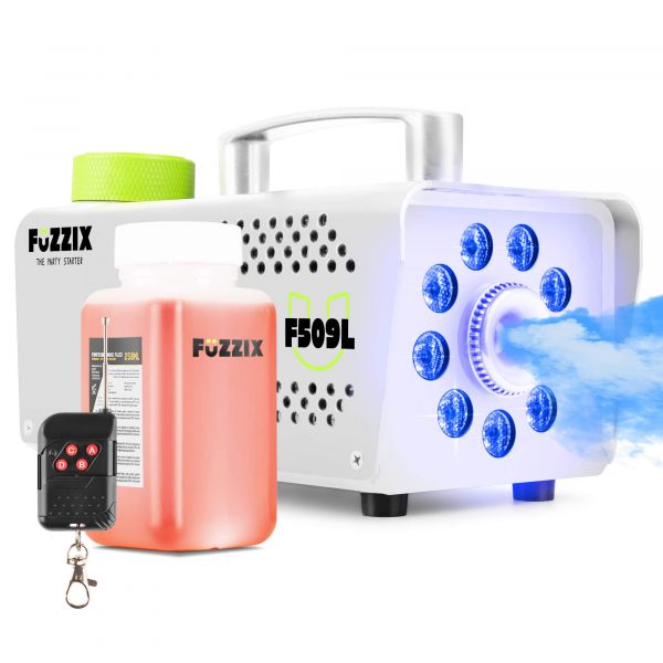 Fuzzix F509LW Máquina de humo para fiestas de 500 w con 9 LED RGB y mando a distancia inalámbrico. Incluye 250 ml de líquido de humo - Blanco