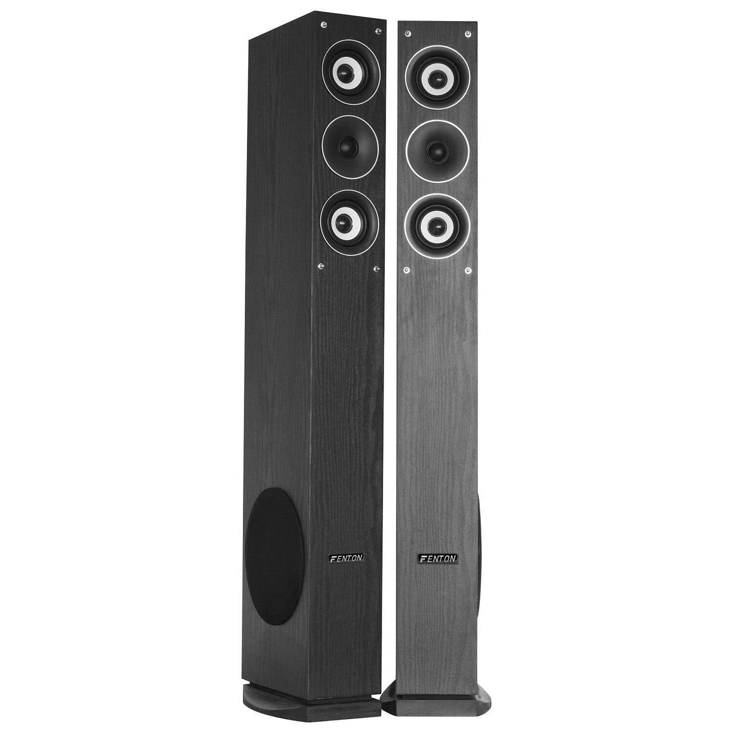 Fenton SHFT52B - Conjunto Torres de suelo 3 vías 500W máx, subwoofer 6.5" lateral, HiFi, sonido envolvente, diseño elegante