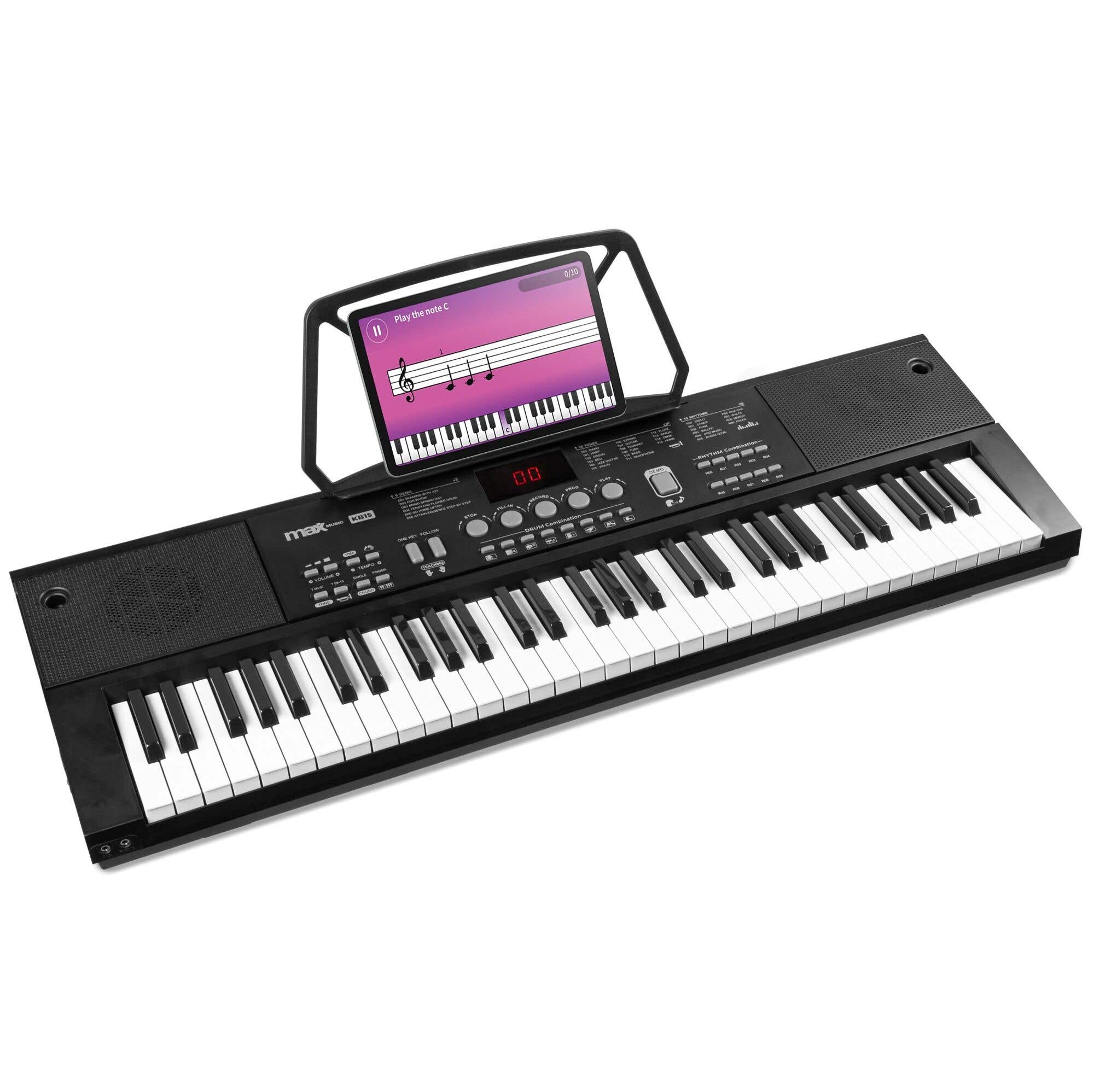 MAX KB15 Teclado con 61 teclas para principiantes - incluye micrófono y soporte para partituras
