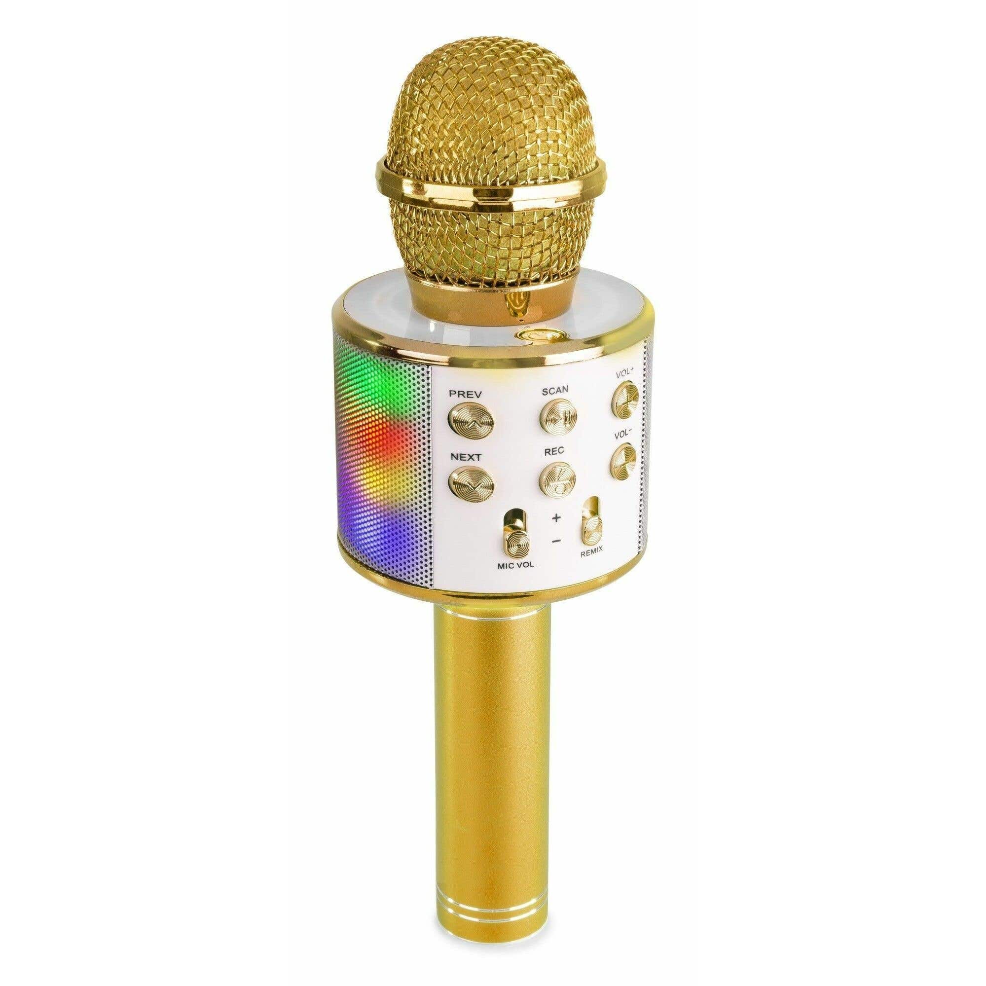 Max KM15G Micrófono de Karaoke con altavoz BT / MP3 incorporado e iluminación LED, dorado