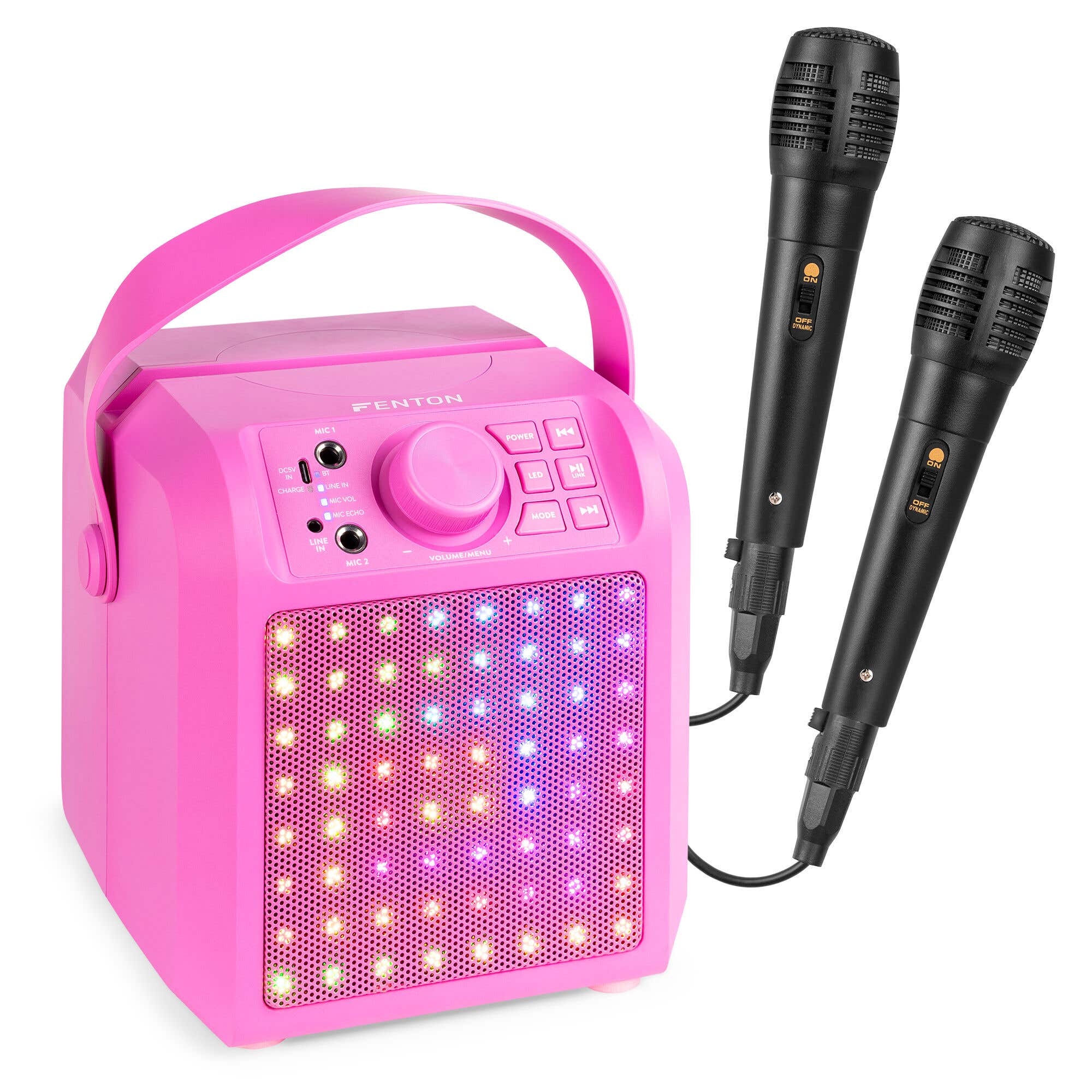 Fenton KAR50P - Pack de karaoke con Bluetooth, batería recargable, LED y 2 micrófonos - Rosa